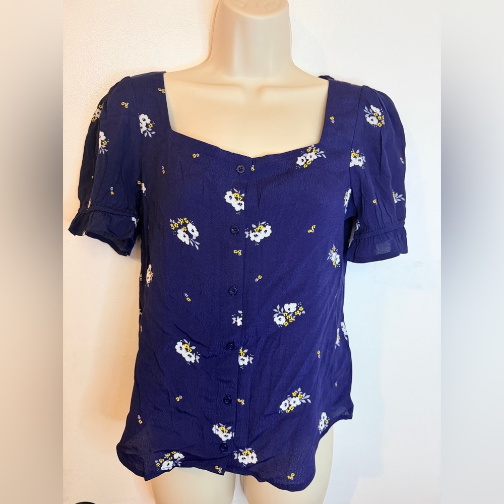 NWT Elodie Women's XS Blouse Navy Floral Puff Sleeve Shirt From Anthropologie